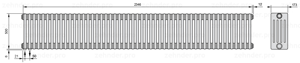 Схема (чертеж) Радиатор Zehnder Charleston 5050/51 №3370 Белый глянцевый RAL 9016
